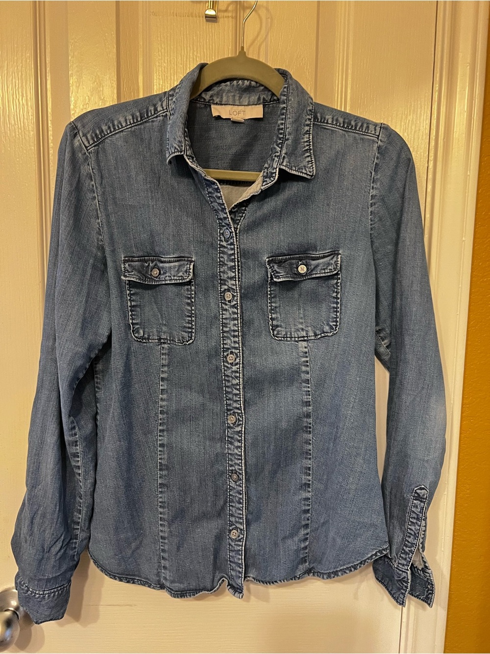 LOFT Medium Blue Denim Button Down, Size S